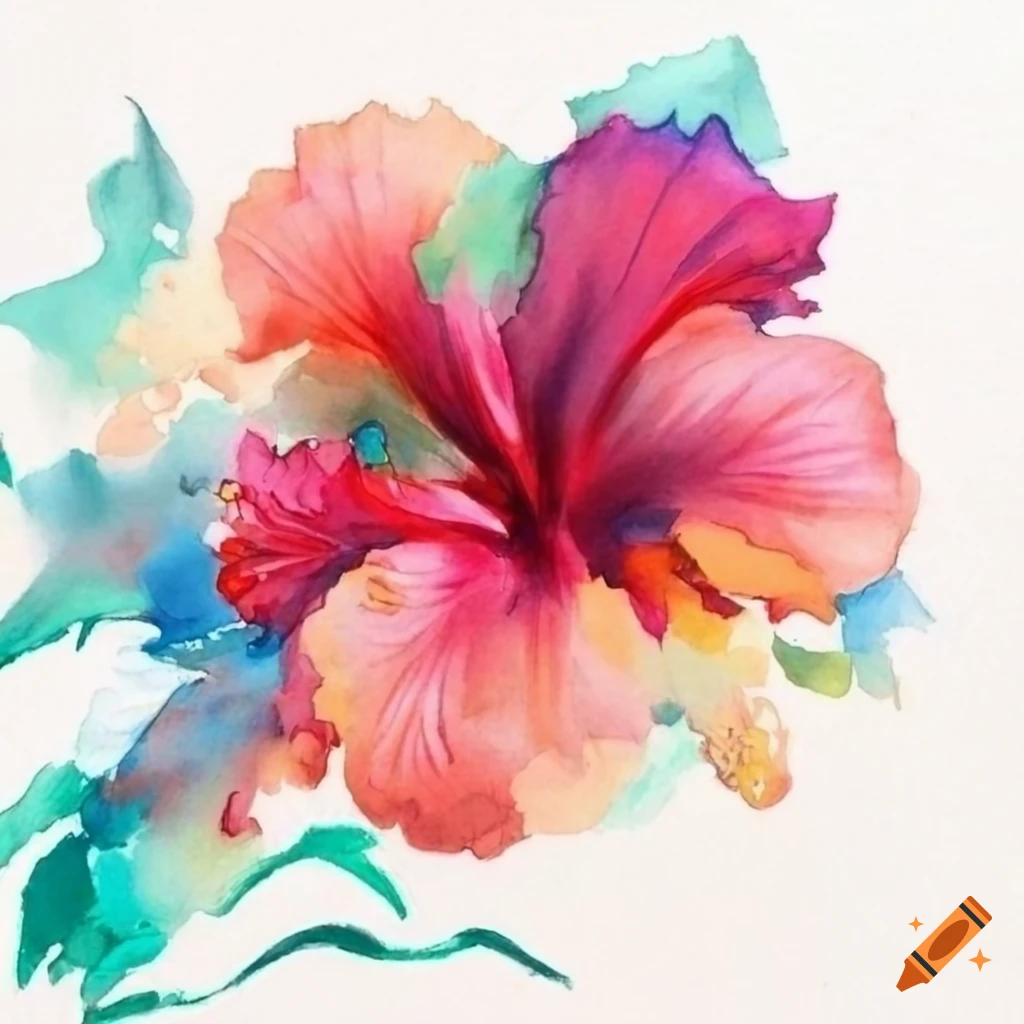 Soft brush water color painting of hibiscus shrubs with blooming hibiscus