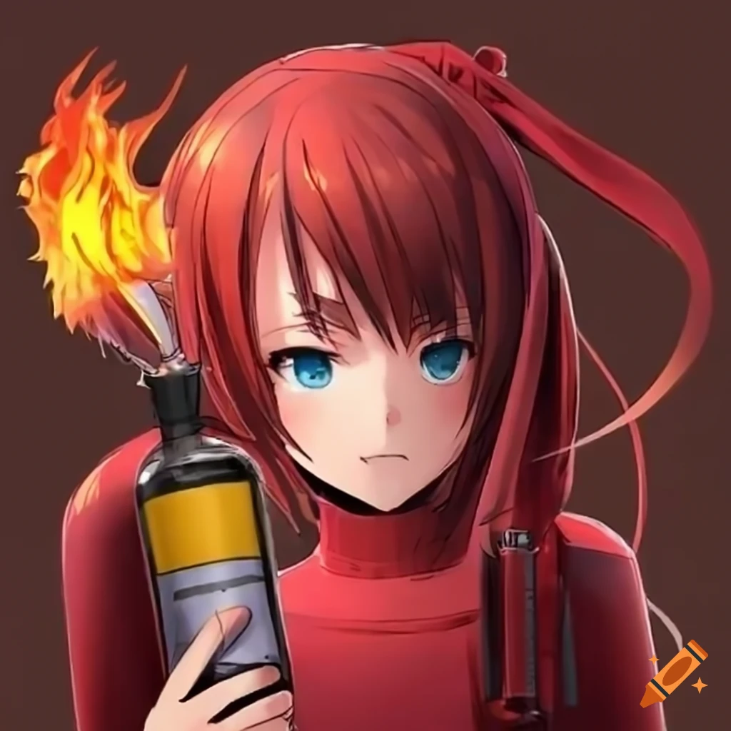 Fire force anime art style, female with short red hair and heterochromatic  black and orange eyes