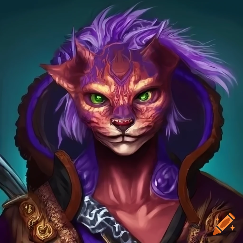 Illustration of a male tabaxi with purple eyes wielding a magical ...