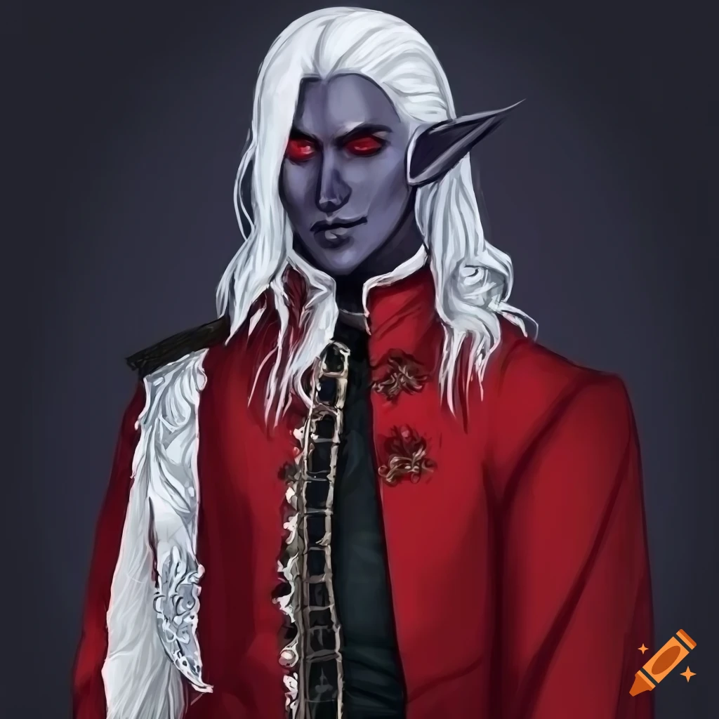 Draw a portrait of an elegant male drow with black skin, red eyes and ...