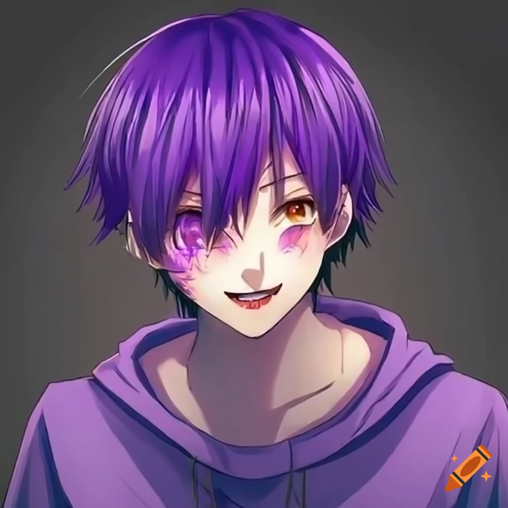 Anime boy with purple skin, yellow teeth and dark eyes with pupils