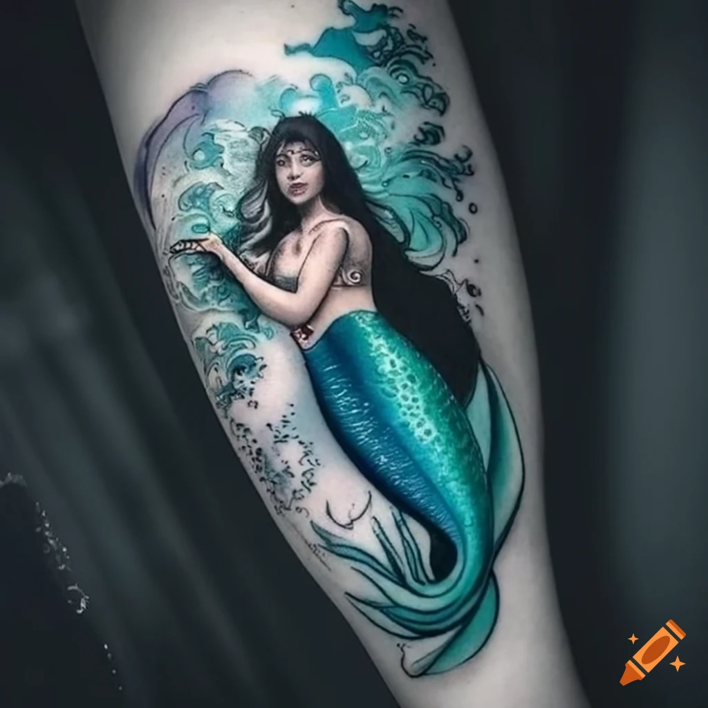 Beautiful Mermaid Tattoo with a Charming Smile Stock Illustration -  Illustration of marine, moon: 188738677