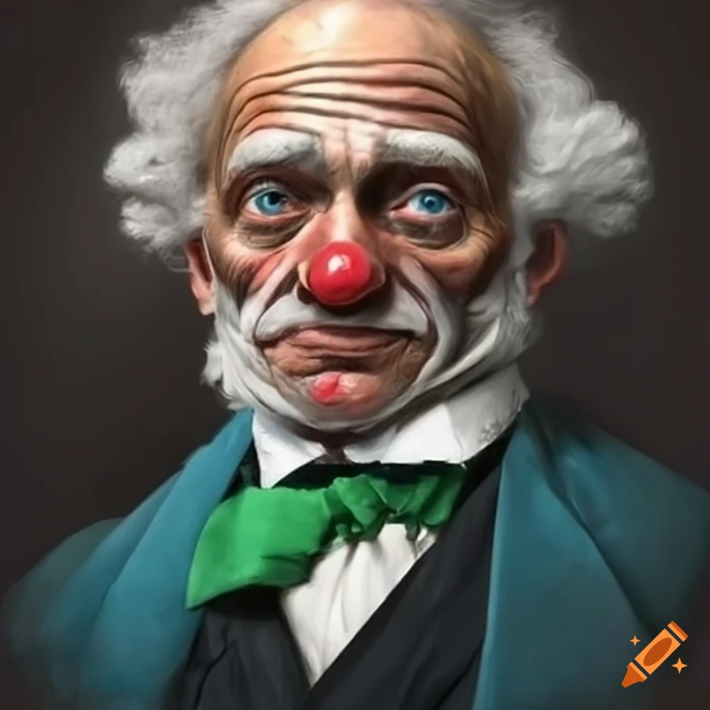 a realistic picture of Schopenhauer dressed as a clown