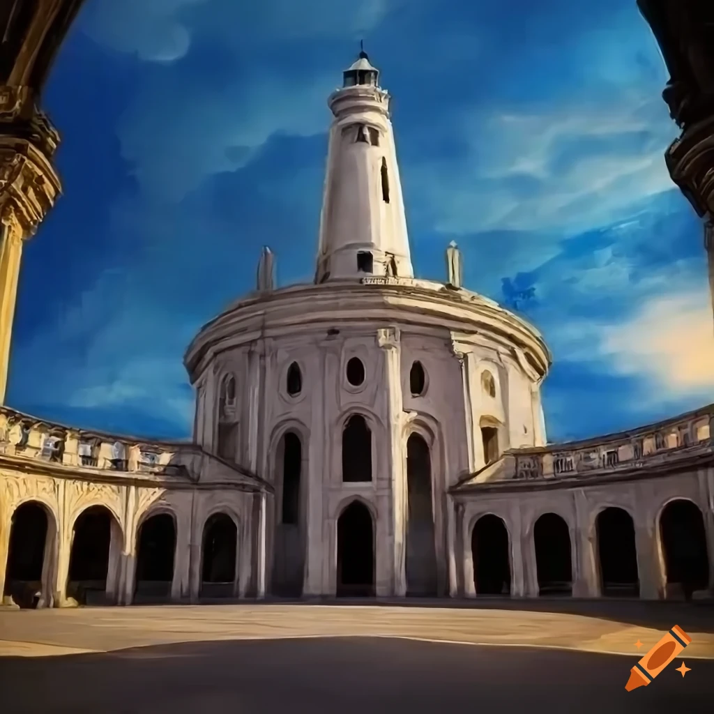 Slender white gothic lighthouse on top of a white marble gothic ...