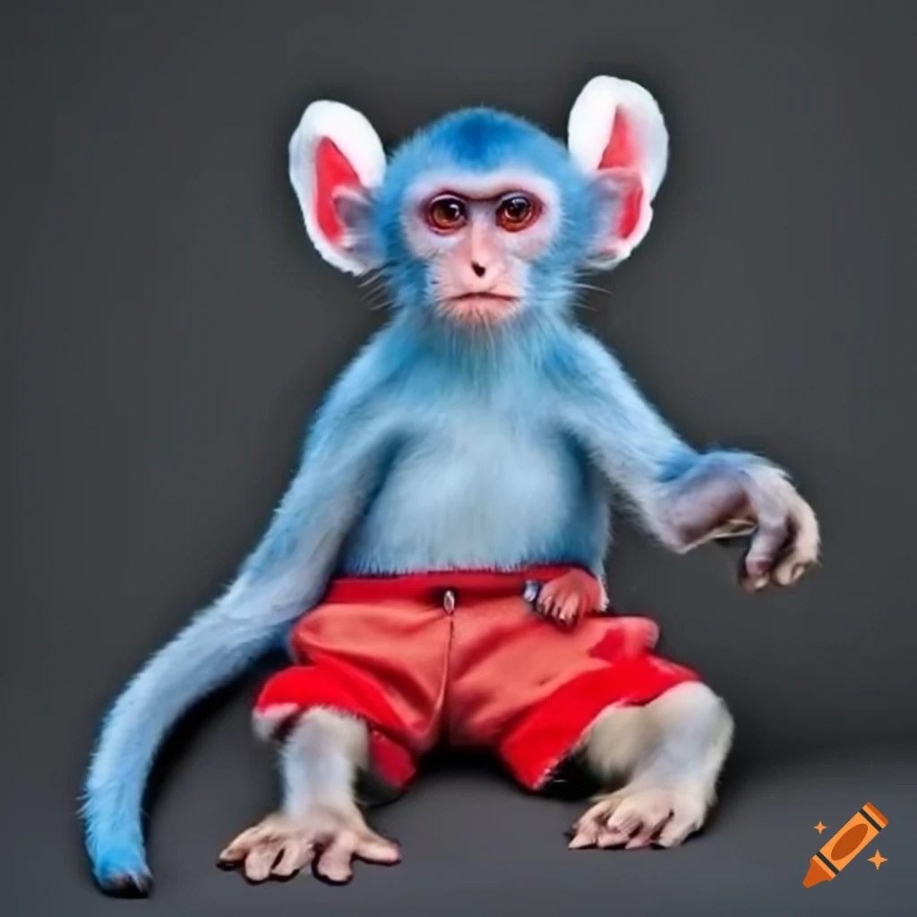 Blue monkey with rabbit ears and red shorts on Craiyon