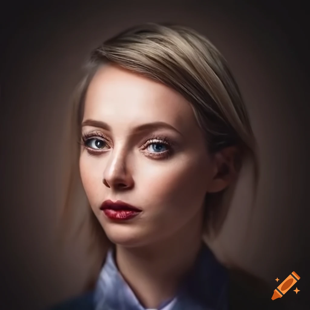 Hyper-realistic front-facing-portrait woman wearing an ascot-tie
