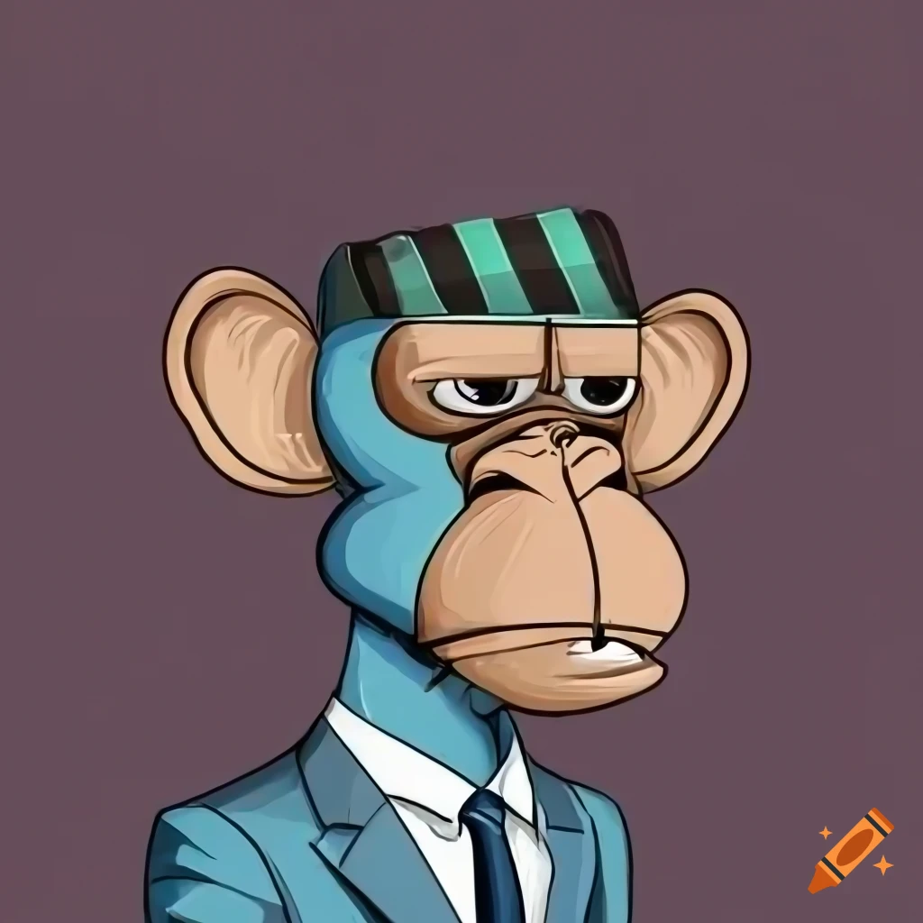 An illustration in the style of bored ape monkey male nft with smile with  beautiful eyes to make avatar in social networks and avatar in crypto  business in a business suit on