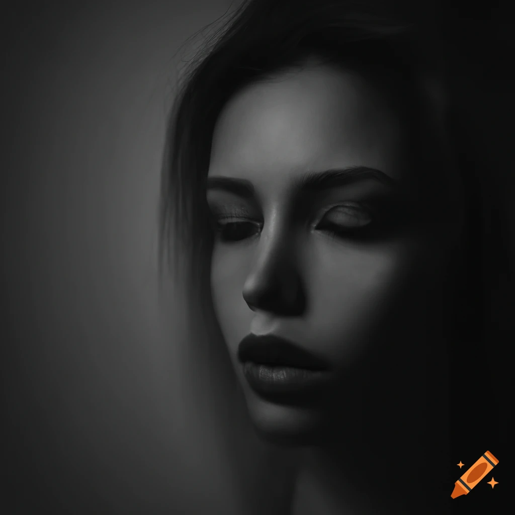 Monochrome photograph of woman, dark, photorealistic, eyes closed