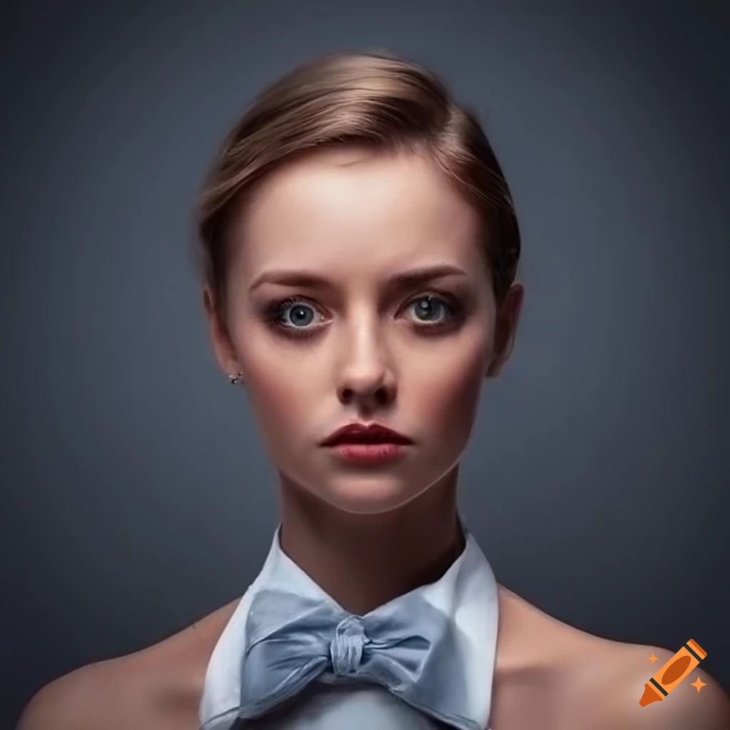 Hyper-realistic front-facing-portrait woman wearing an ascot-tie