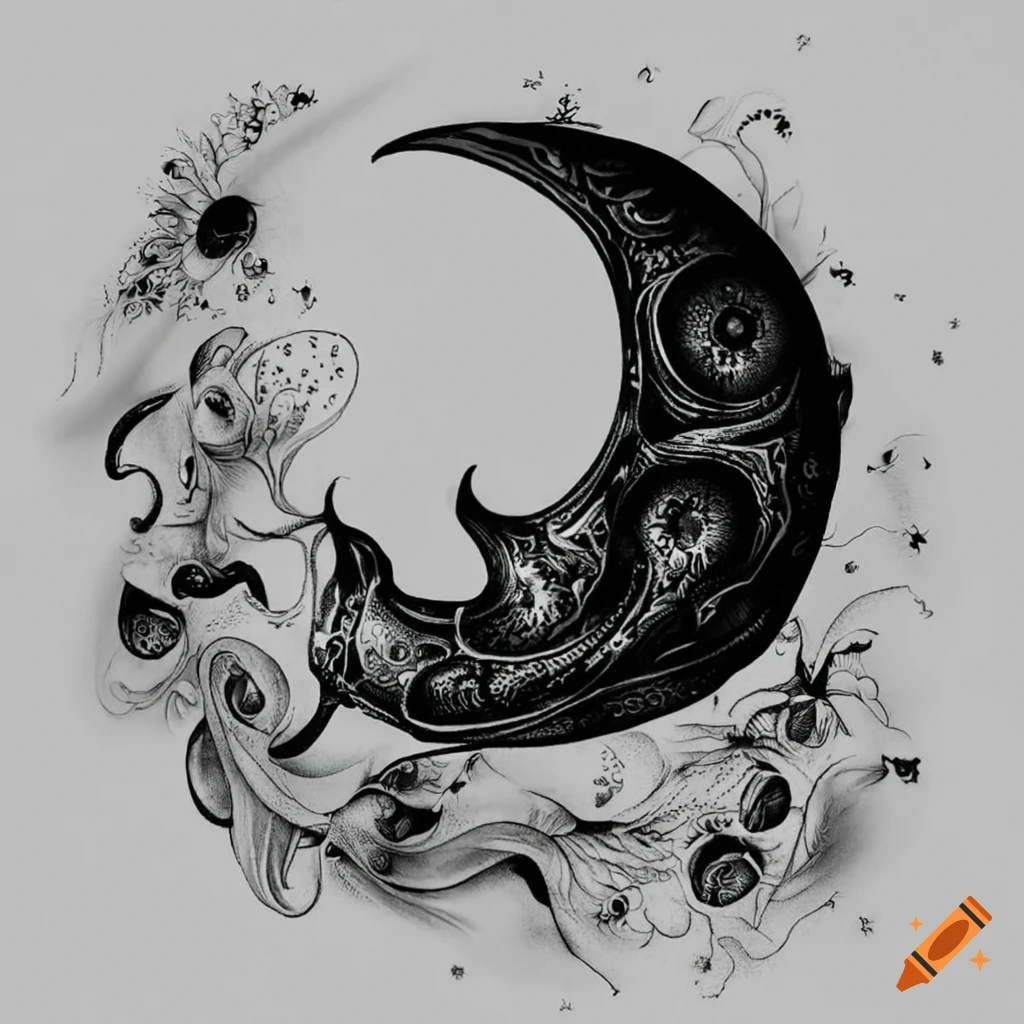 Intricate black and white half moon tattoo design on white background on  Craiyon