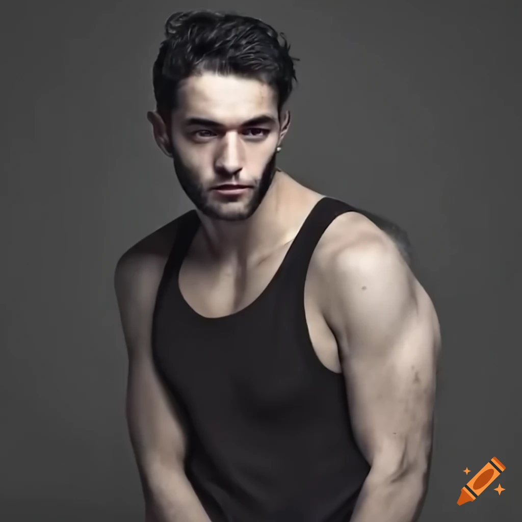 A handsome muscular italian man in a black tank top, realistic