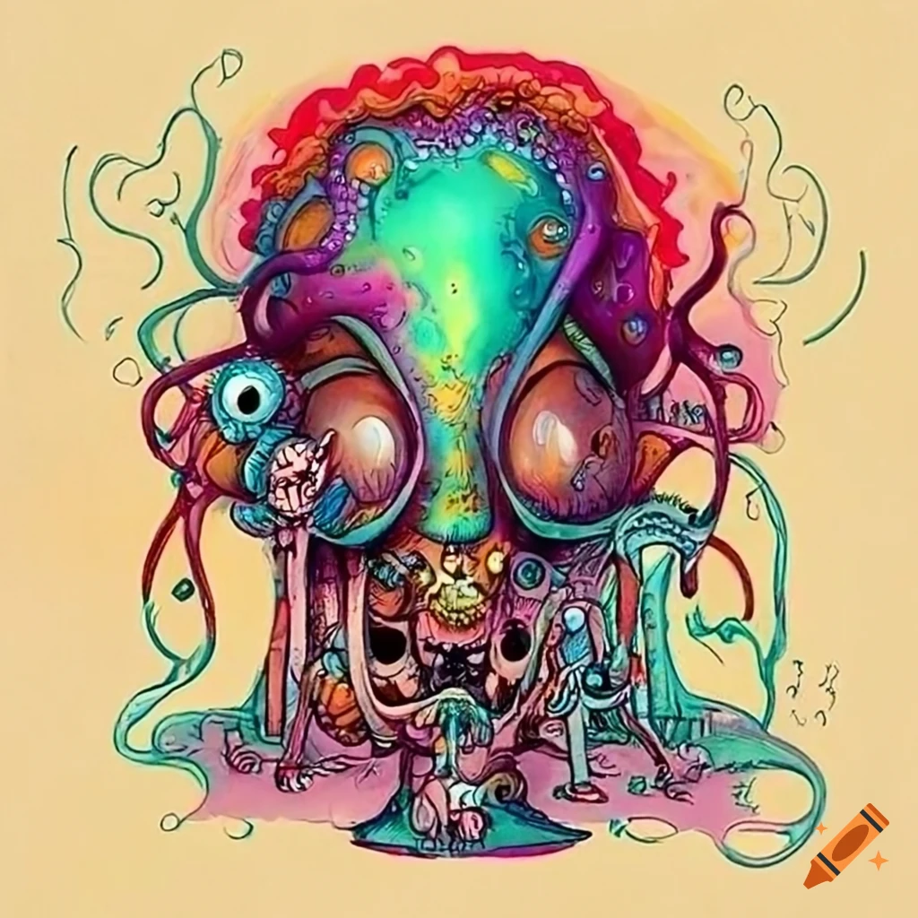Joe Fenton drawing scene decor microcosme many creatures surrealist aliens objects masques armes instruments musical