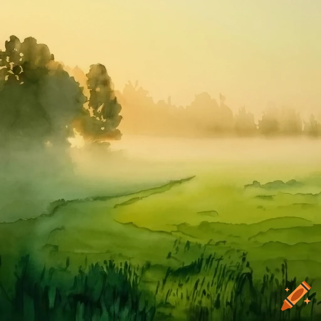 Watercolor painting of a serene misty morning in a green field