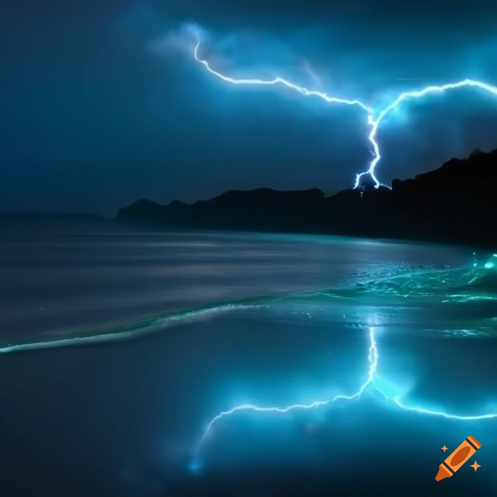 Neon blue green lightning, night, reflecting on shorebreak waves