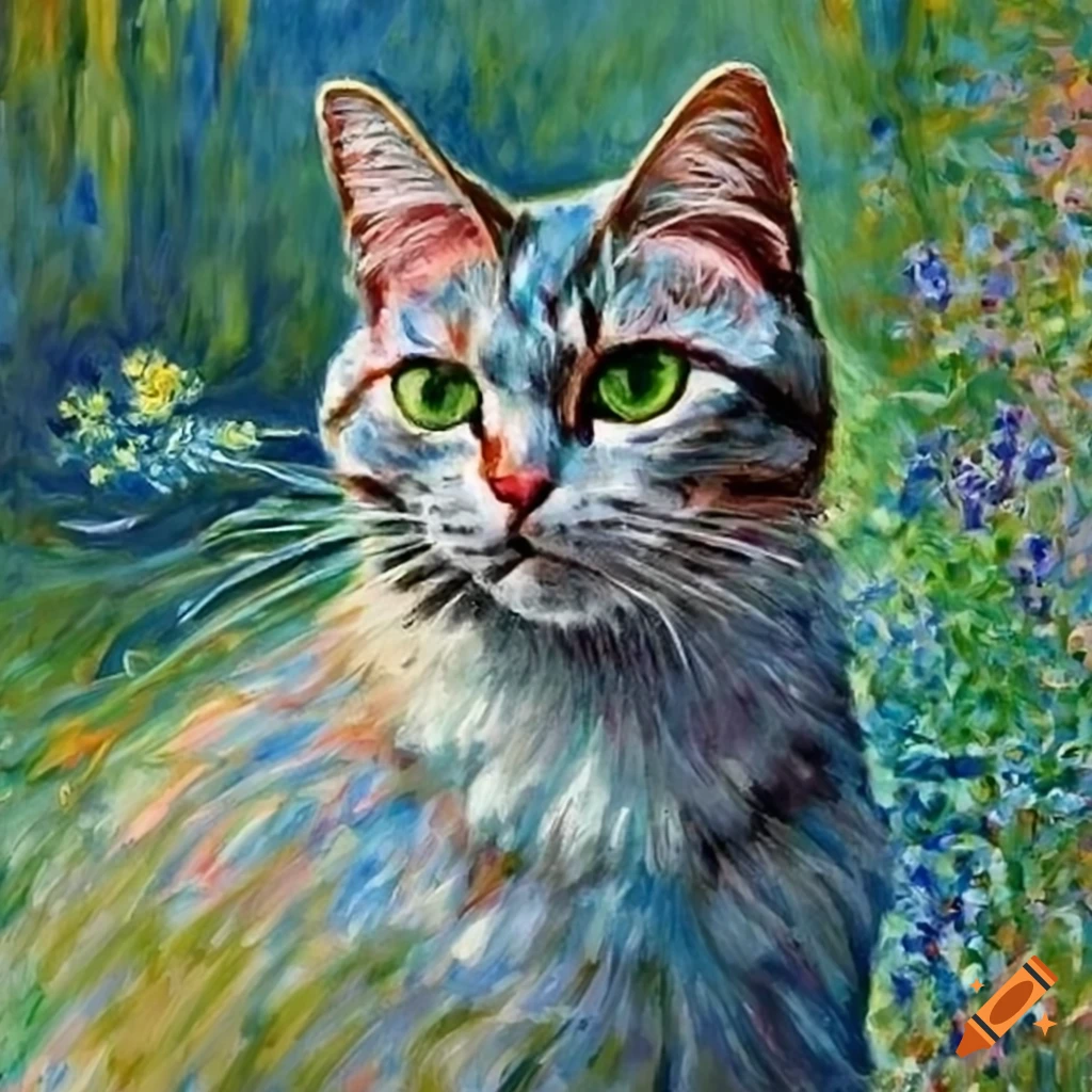 Monet garden cat print, claude monet flowers cat poster, irises cat art ...