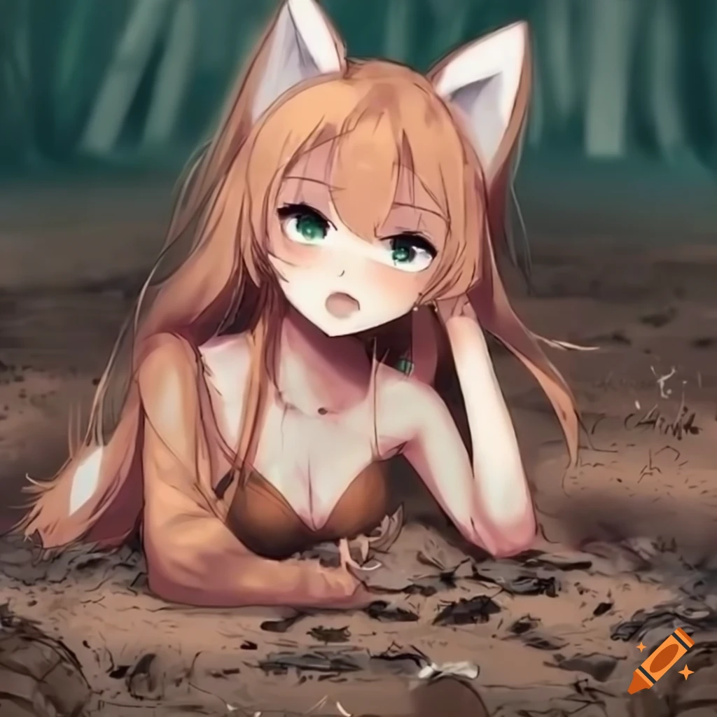 appropriate anime fox girl playing in the mud, realistic, anime, cute