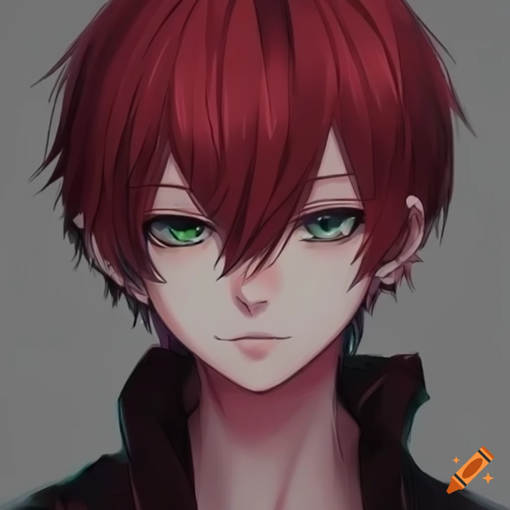 anime boy with red hair and green eyes in a black jacket. generative ai.  28462118 Stock Photo at Vecteezy