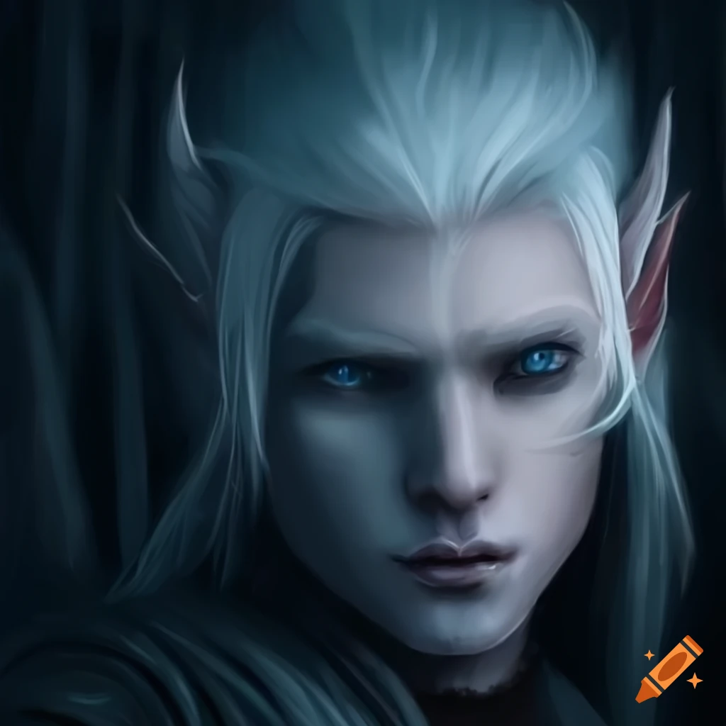 A mysterious male elf with long white hair in the forest shiny blue ...