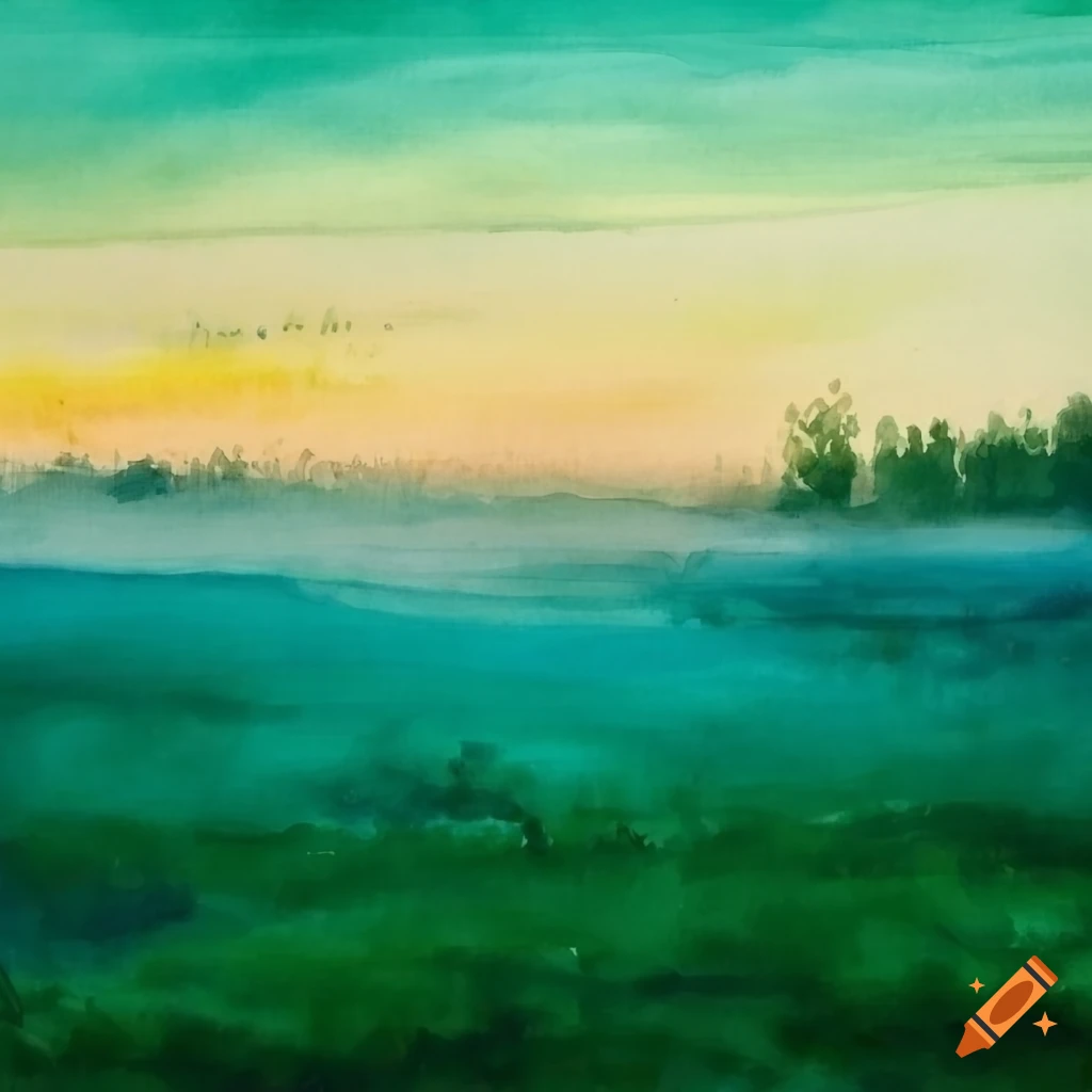 Watercolor painting of a serene misty morning in a green field