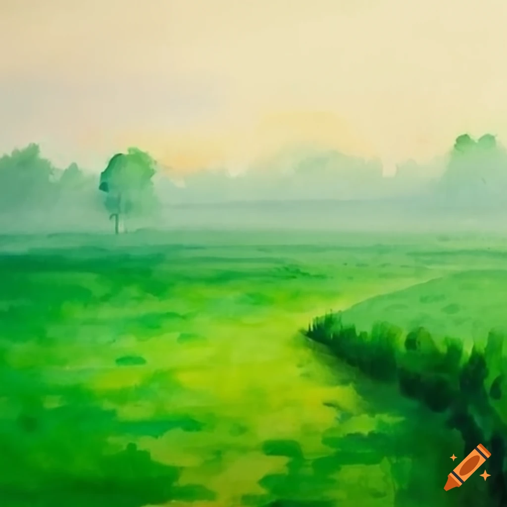 A watercolor painting of a green field on a misty morning