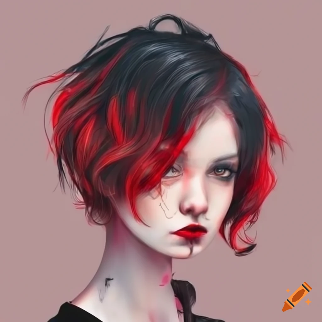 A girl with red and black hair and red and black clothes on Craiyon