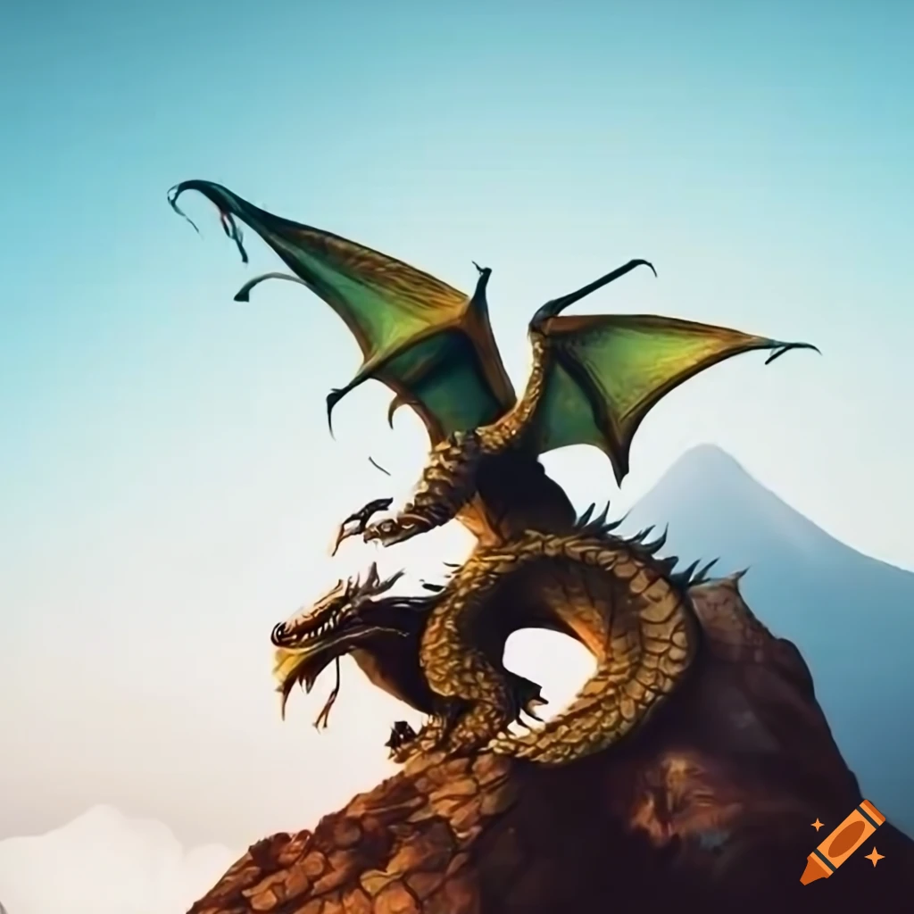 dragon sitting on top of a mountain peak