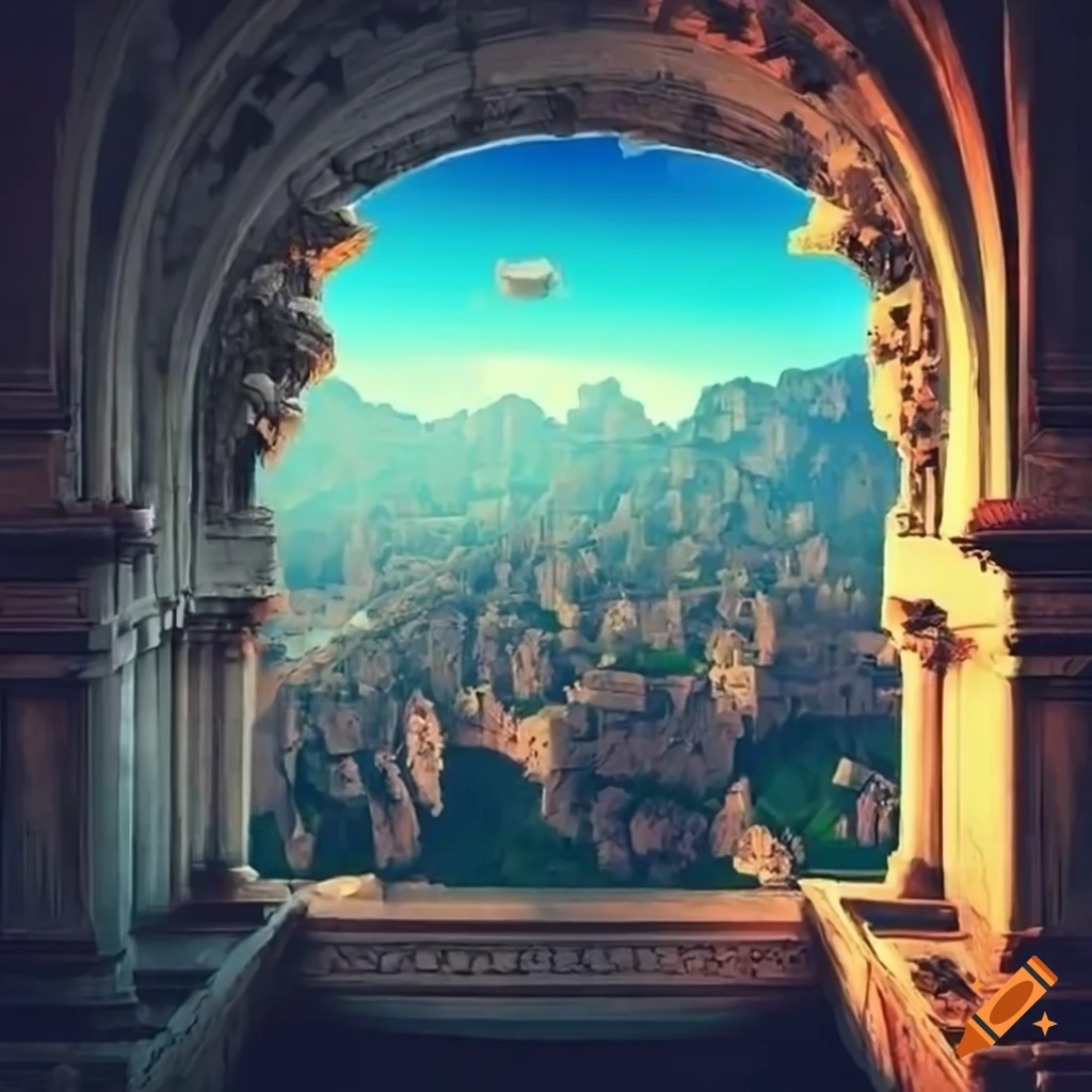 fantasy balcony overlooking wide valley covered in the ruins of an ancient city