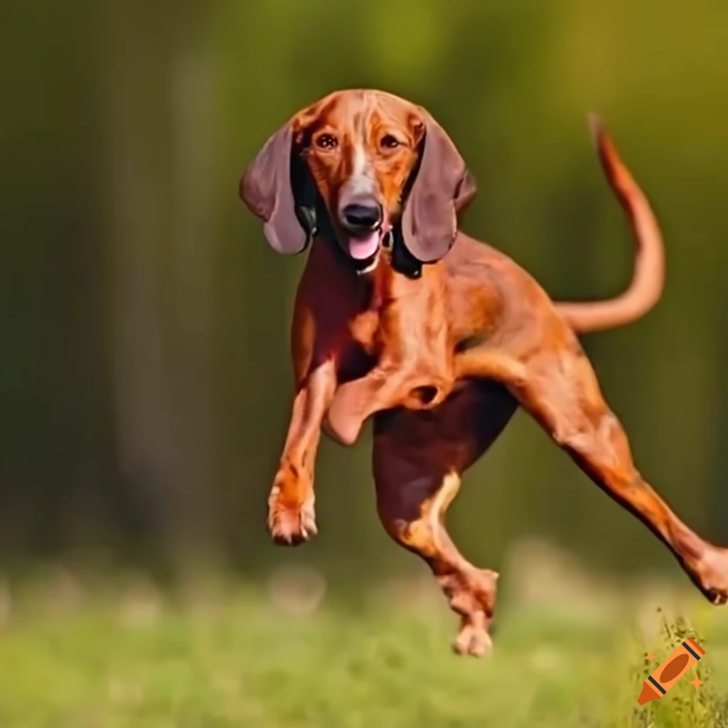 Redbone coonhound running across the finish line