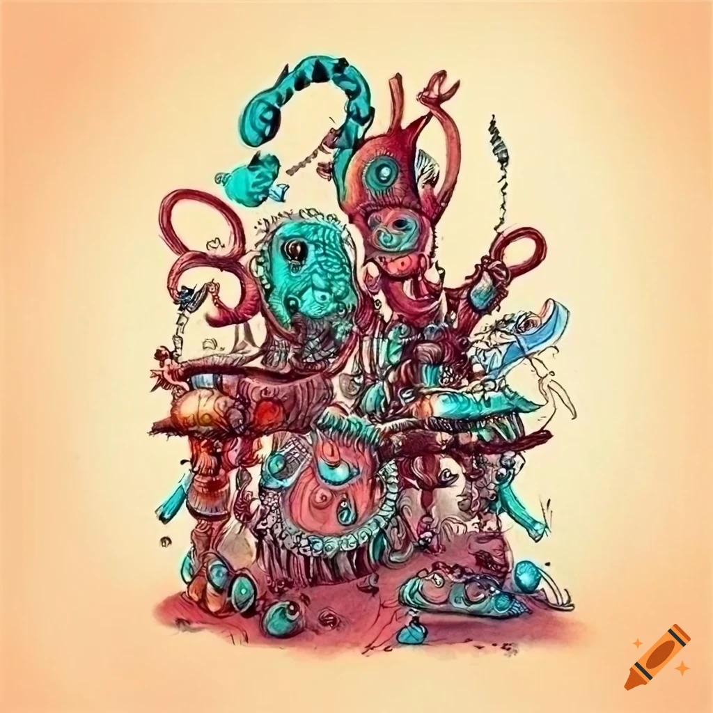 Joe Fenton drawing scene decor microcosme many creatures surrealist aliens objects masques armes instruments musical