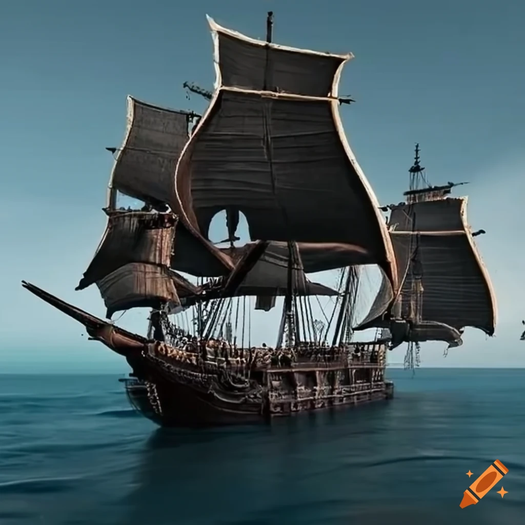 Highly detailed pirate ship with kraken, black sails on Craiyon