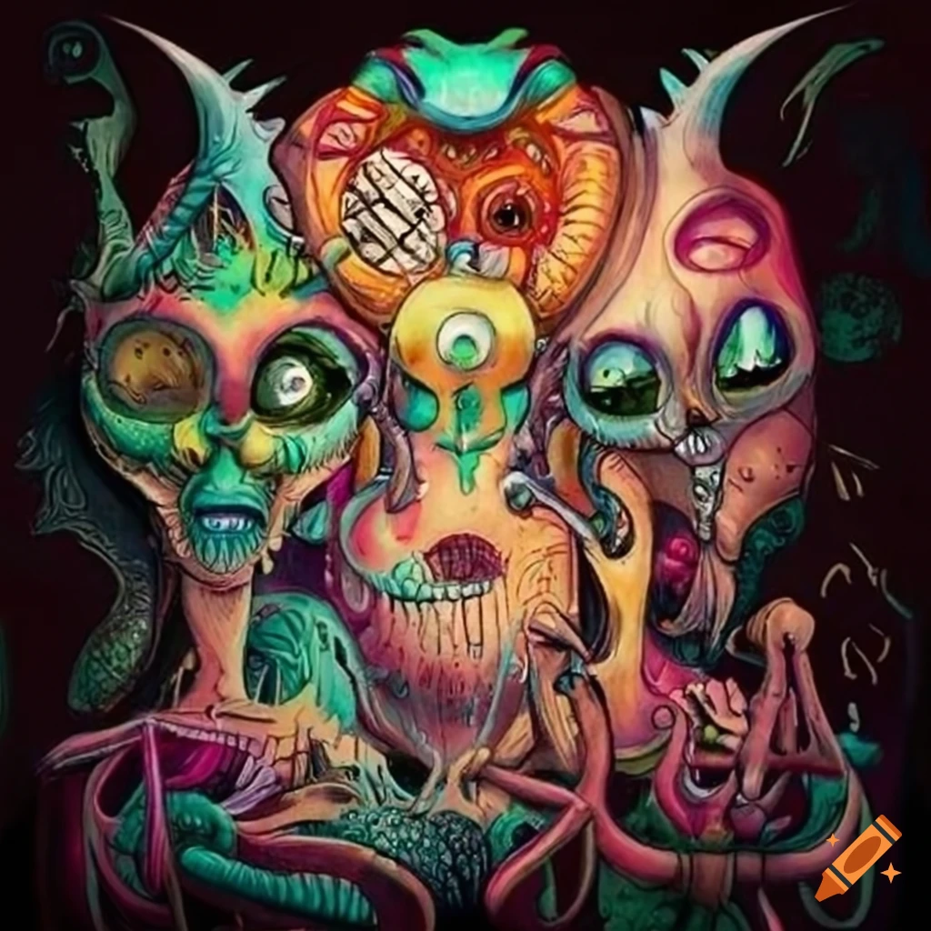 Joe Fenton drawing scene decor microcosme many creatures surrealist aliens objects masques armes instruments musical