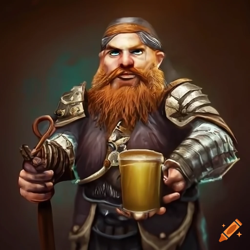 Powerful dwarven wizard, holding a mug of ale, wearing intricate heavy