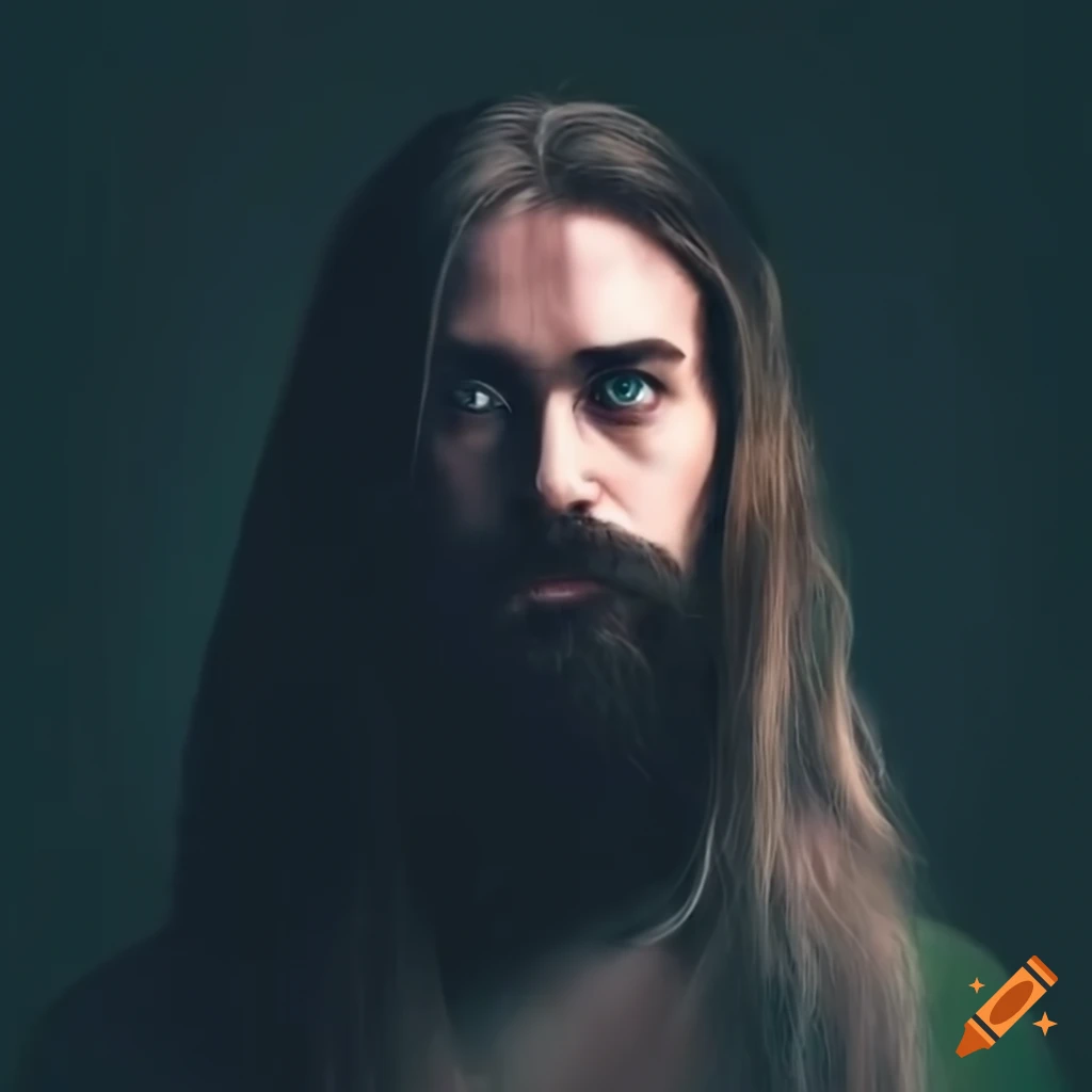 Man with long hair and beard green eyes staring into the void on Craiyon