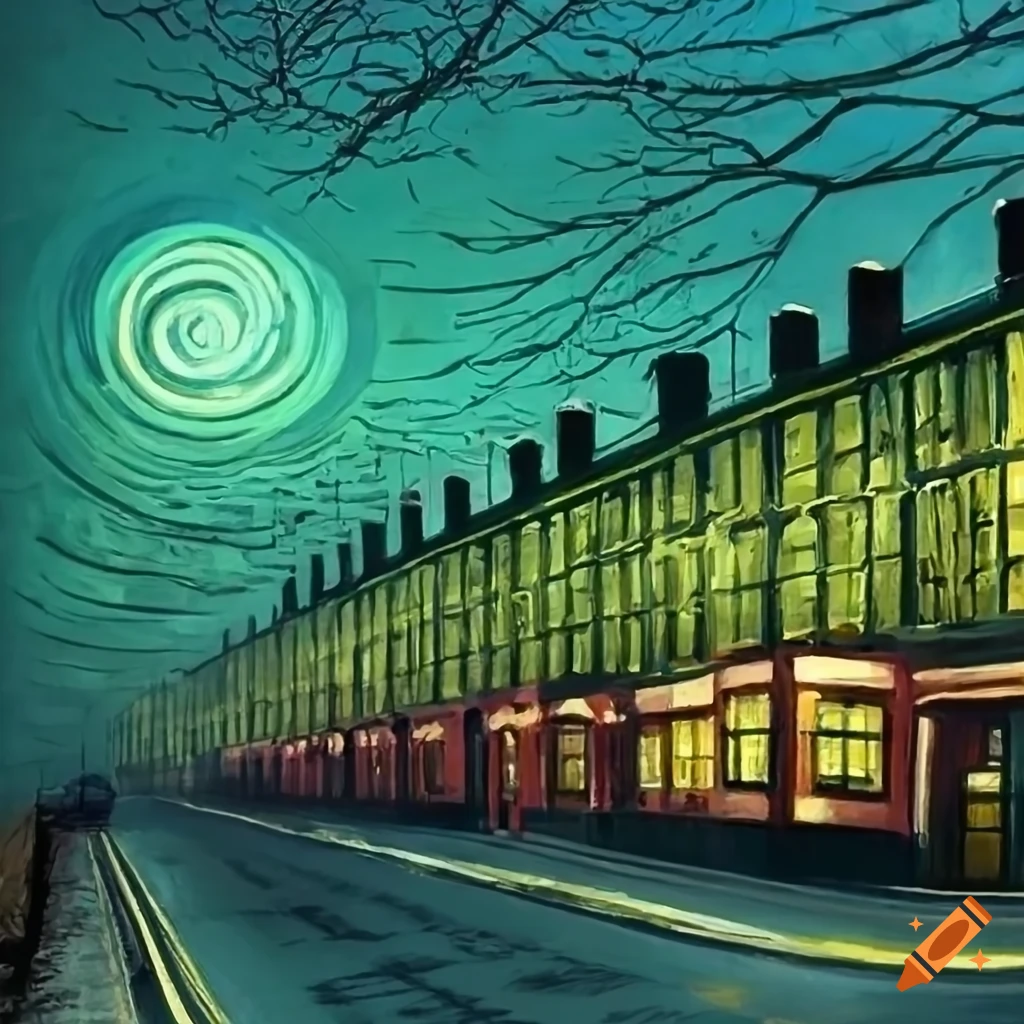 Surreal depiction of a nightcityscape, john grimshaw