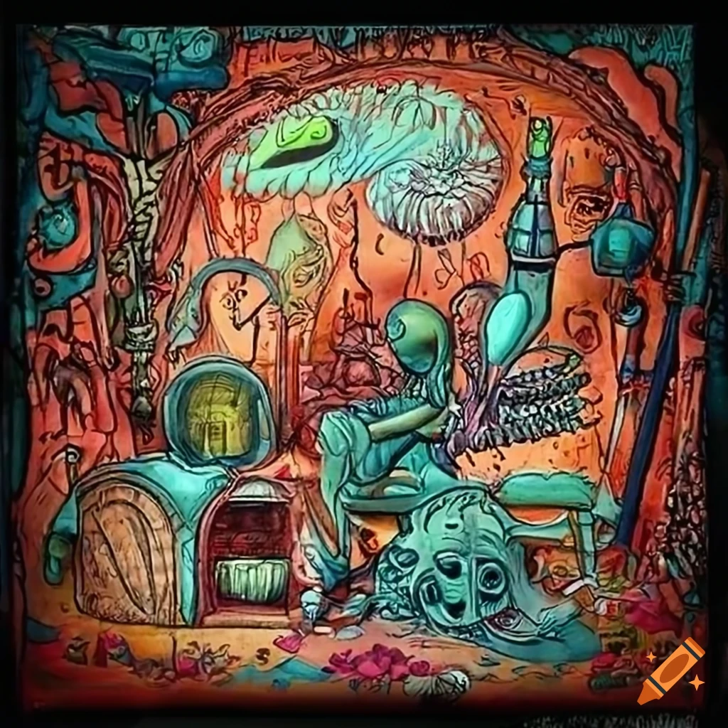 Joe Fenton drawing scene decor microcosme many creatures surrealist aliens objects masques armes instruments musical