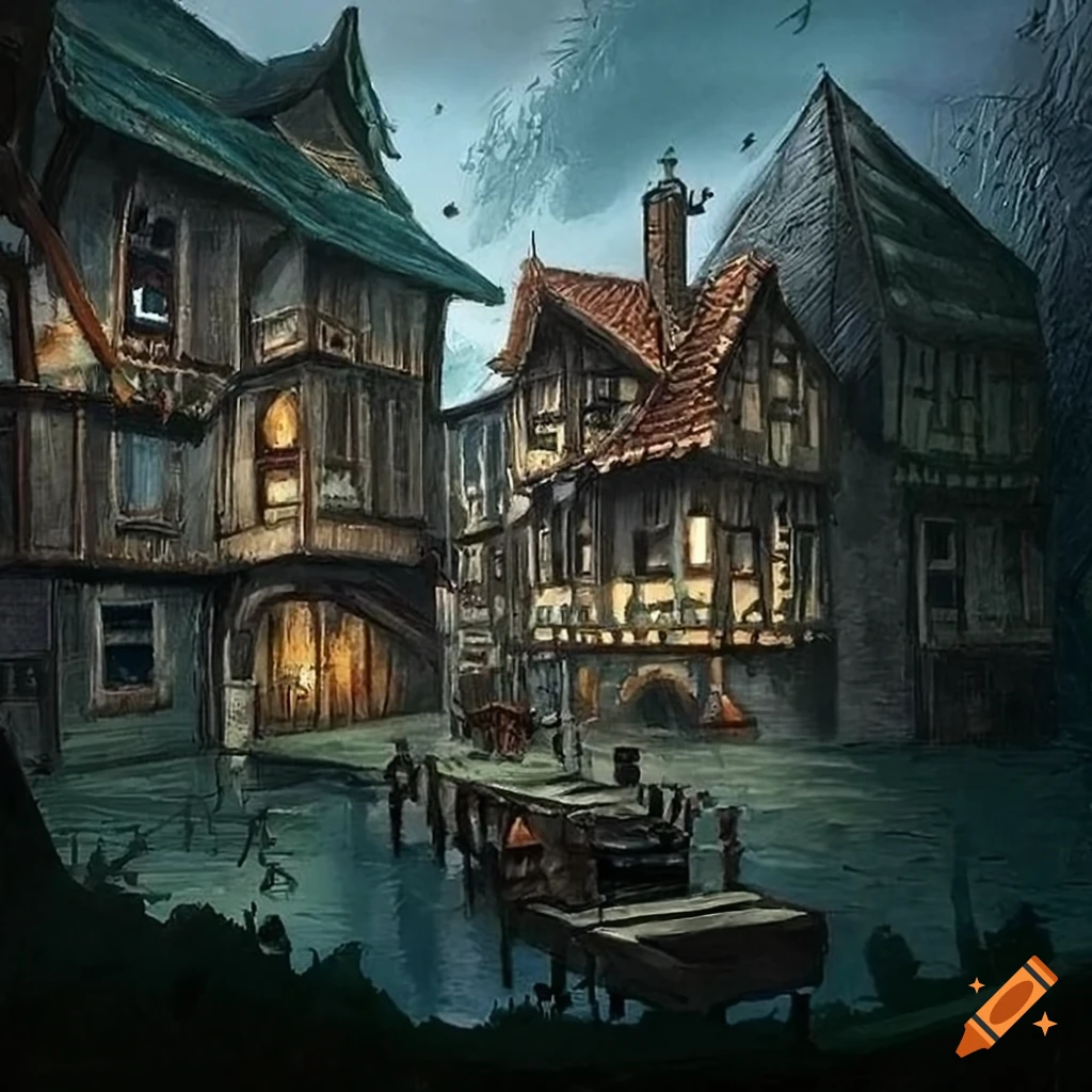Rainy, sprawling large town with many buildings, alleys, gritty, large but  cozy, but elaborately detailed taverns and inns and shops with lots of  flavor, in a medieval fantasy town set on a