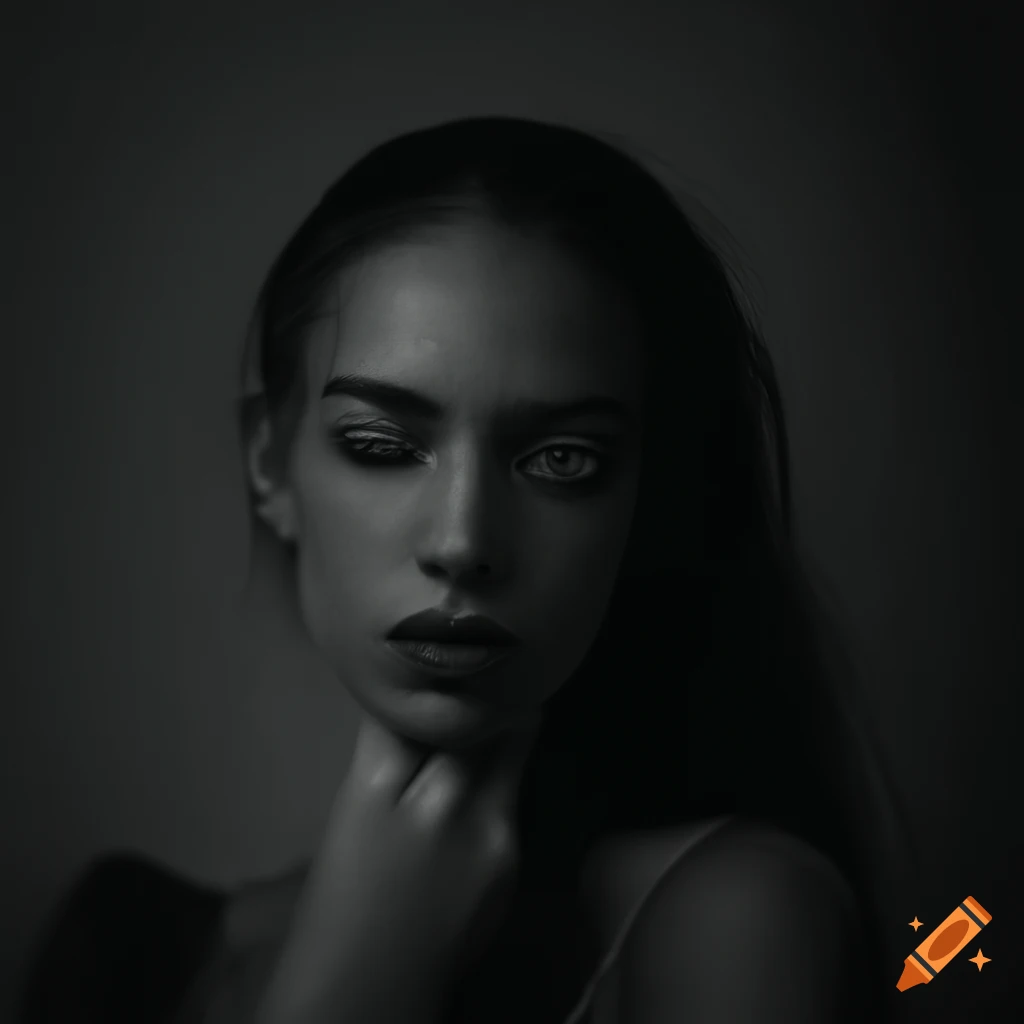 Monochrome photograph of woman, dark, photorealistic, eyes closed