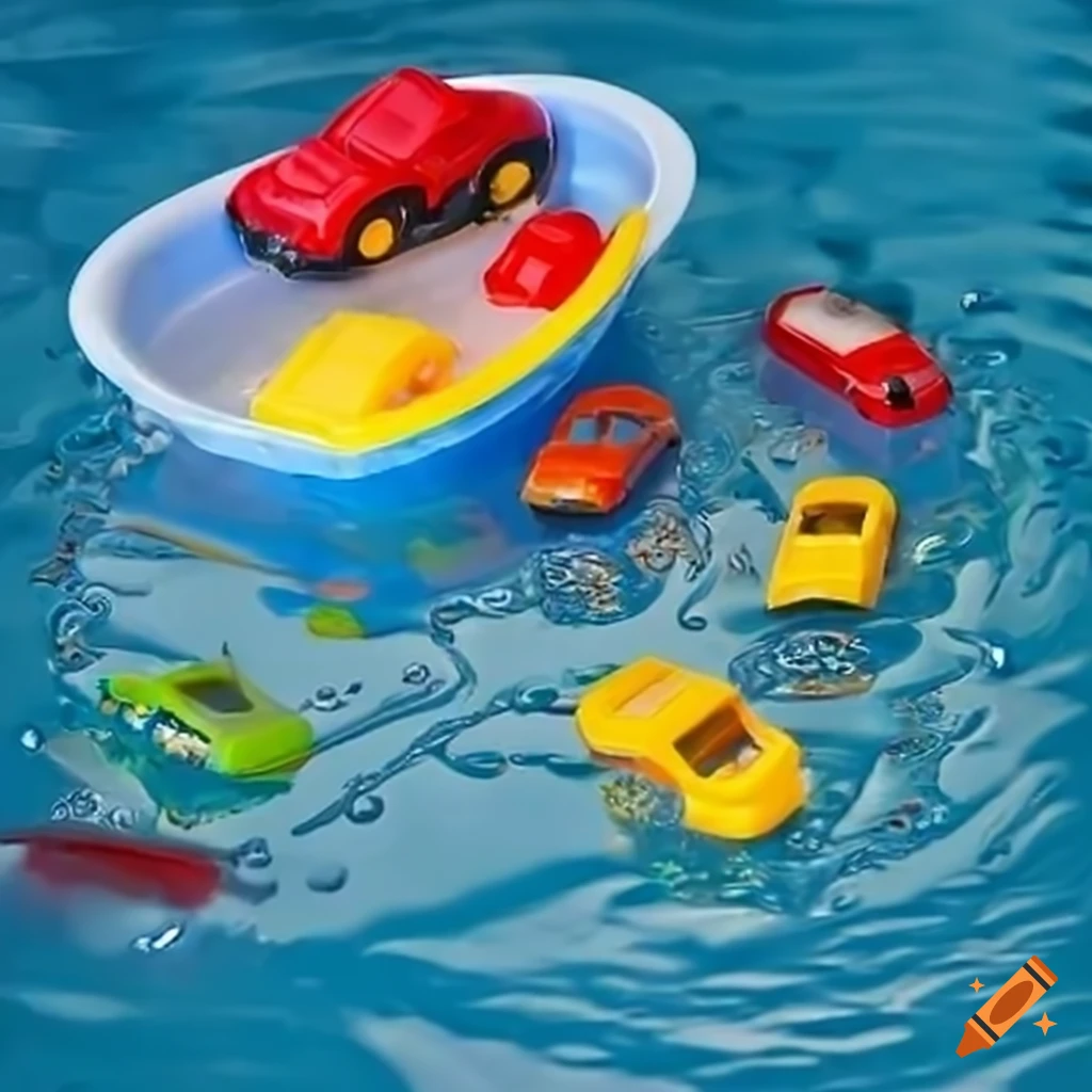 Basin filled with water with toy cars (floating), plastic blocks (floating),  coins (sinking) on Craiyon