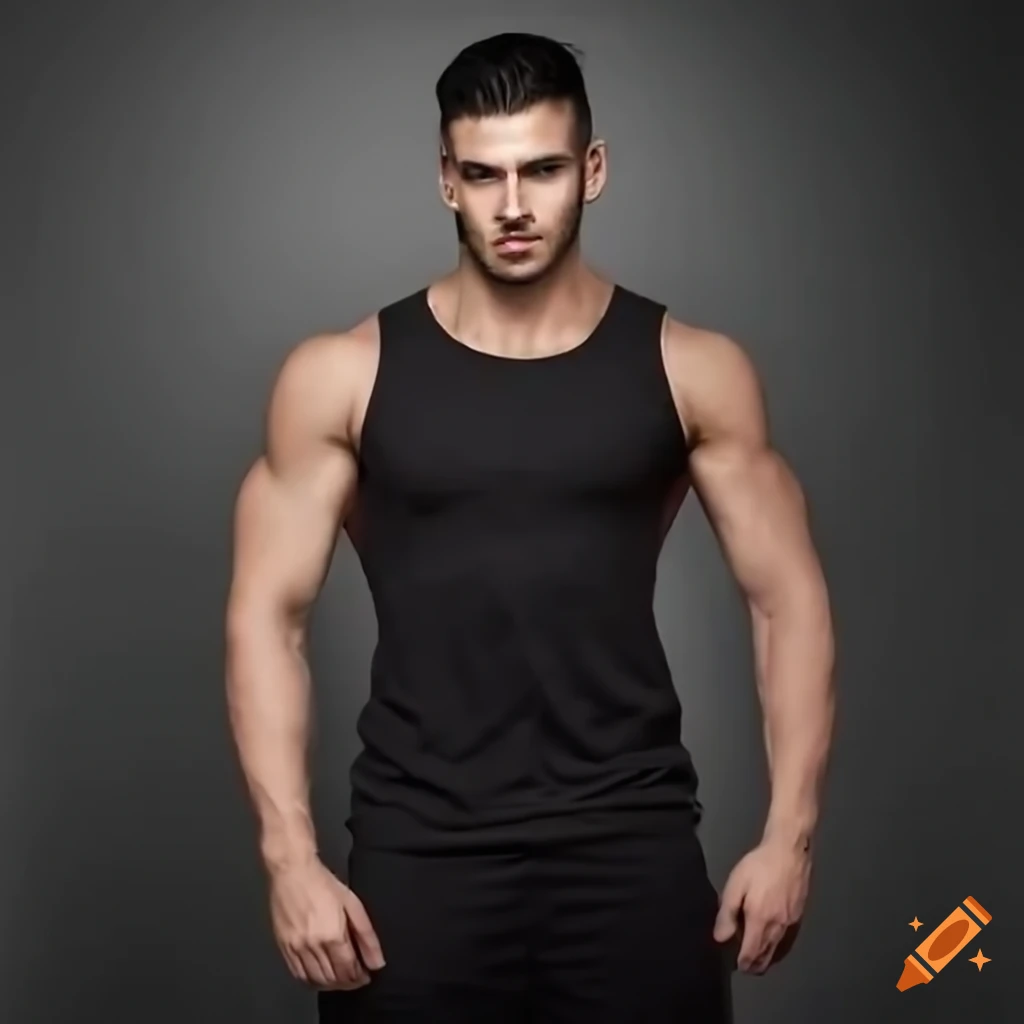A handsome muscular italian man in a black tank top, realistic