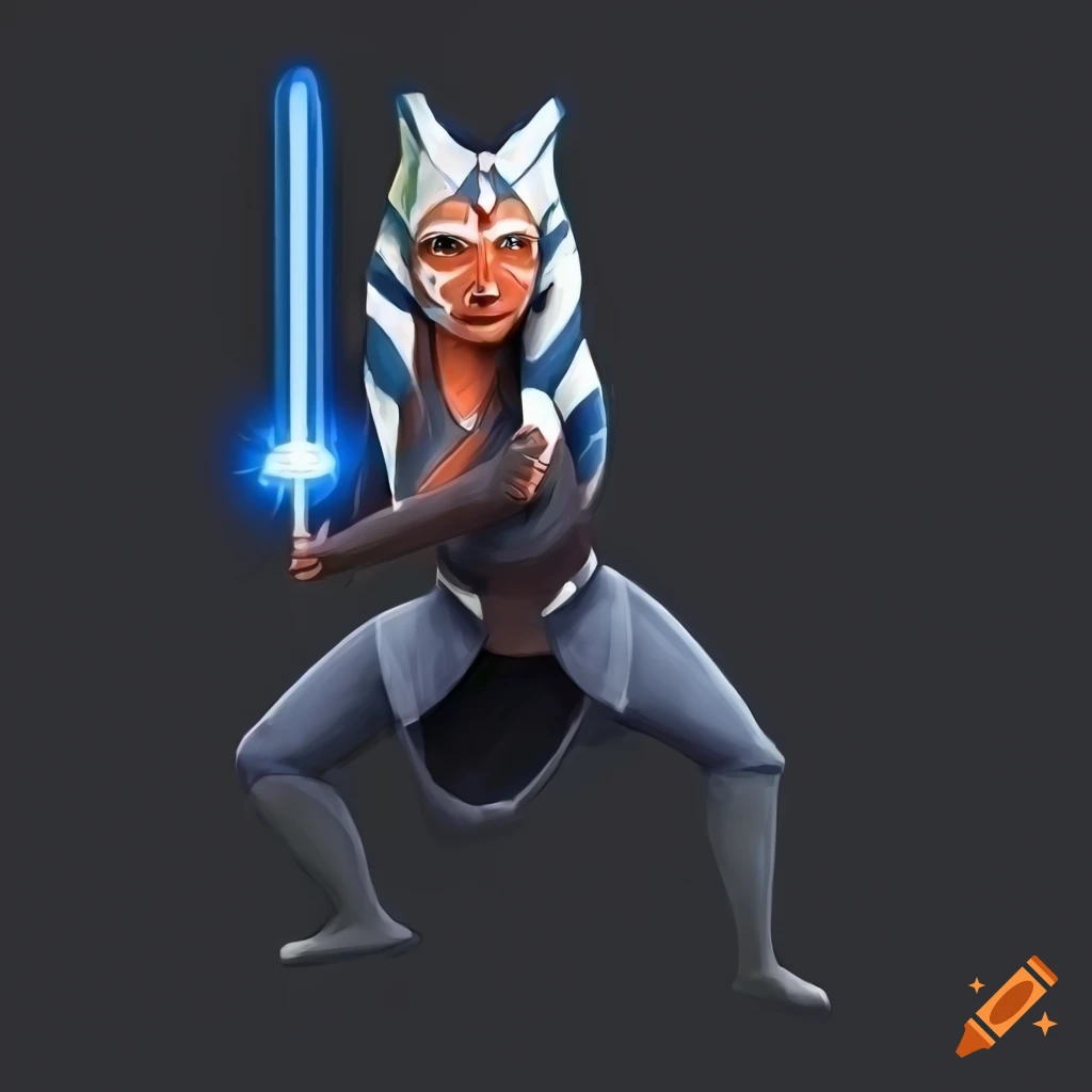 Ahsoka tano, squat, 2 blue lightsabers, smiles slightly, full body on  Craiyon