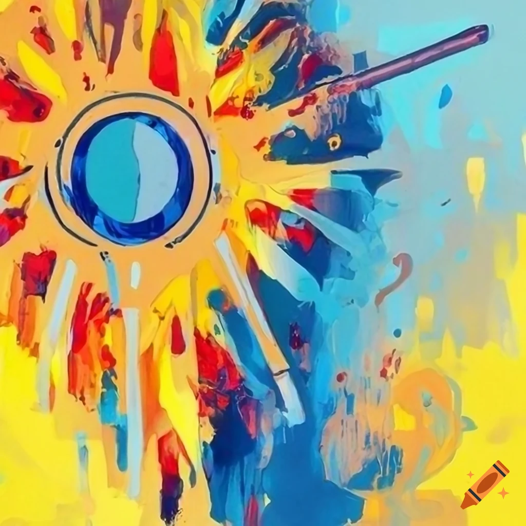 Tableau fond blanc d'une bmw rouge et bleu brillante, un soleil jaune et un  bâton jaune, des outils, une table : tableau posca peinture acrylique,  carte du tarot de marseille le bateleur
