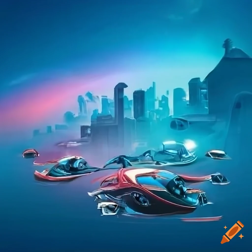 A futuristic city with flying cars and time travel portals on Craiyon