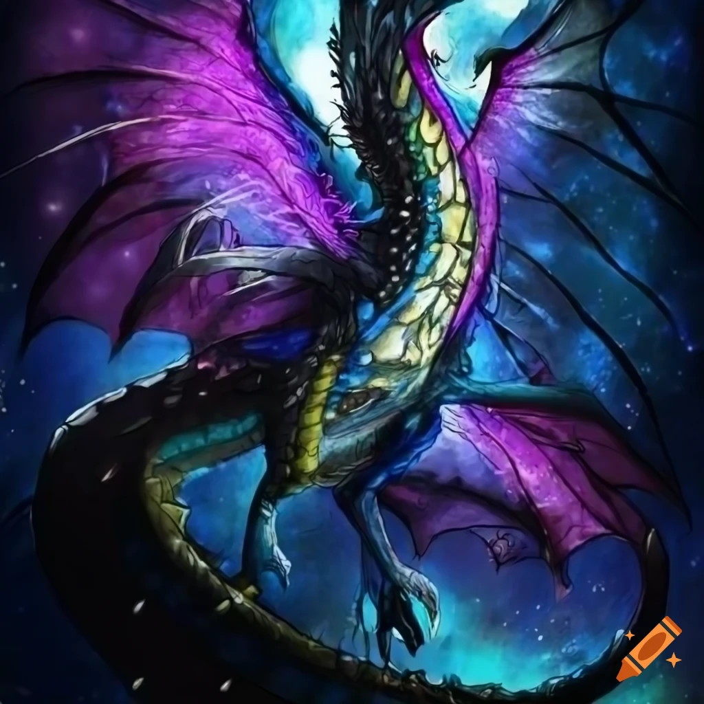 Full art drawing of a mighty dragon with galactic wings and has no eyes ...