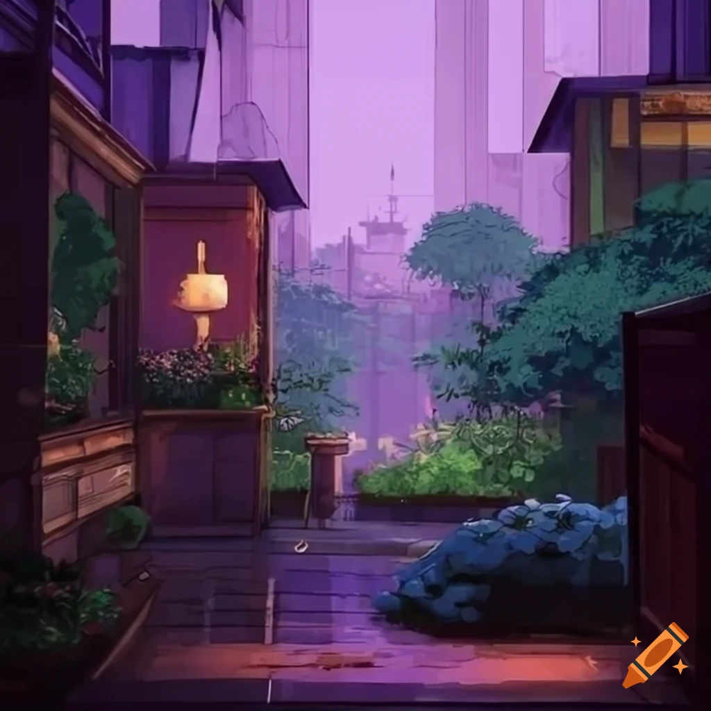 Serene rooftop garden in the rain, peaceful lofi vibes on Craiyon
