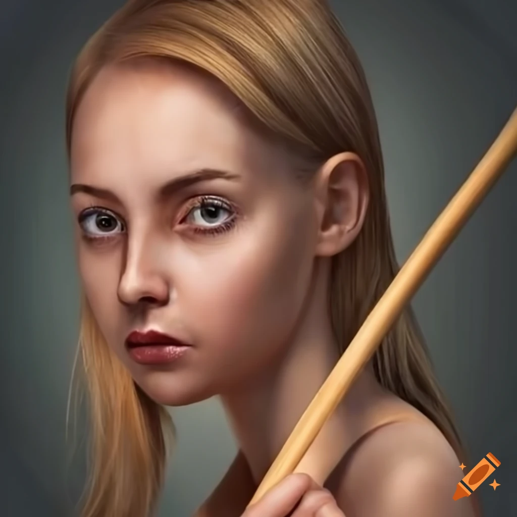 Hyperealistic frontfacing portrait woman holding a canoepaddle nearherface