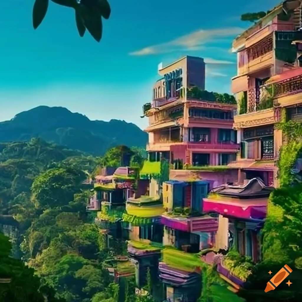 Parisian solarpunk city built on the mountainous slopes of ilhabela. the  meta-modern indian architecture of the city mingles with the lush tropical  greenery to form a city on ilhabela of vibrant parks