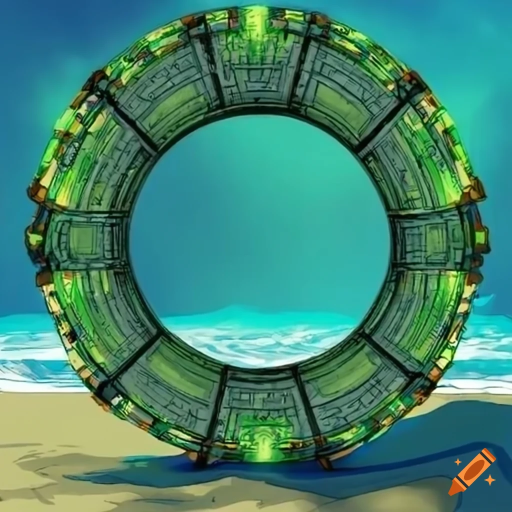 Color Stargate Explode A stargate in green color lying in the middle of a beach with a manga style