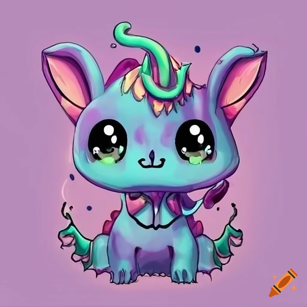 Kawaii rabbit dragon with pastel goth colors and adorable eyes