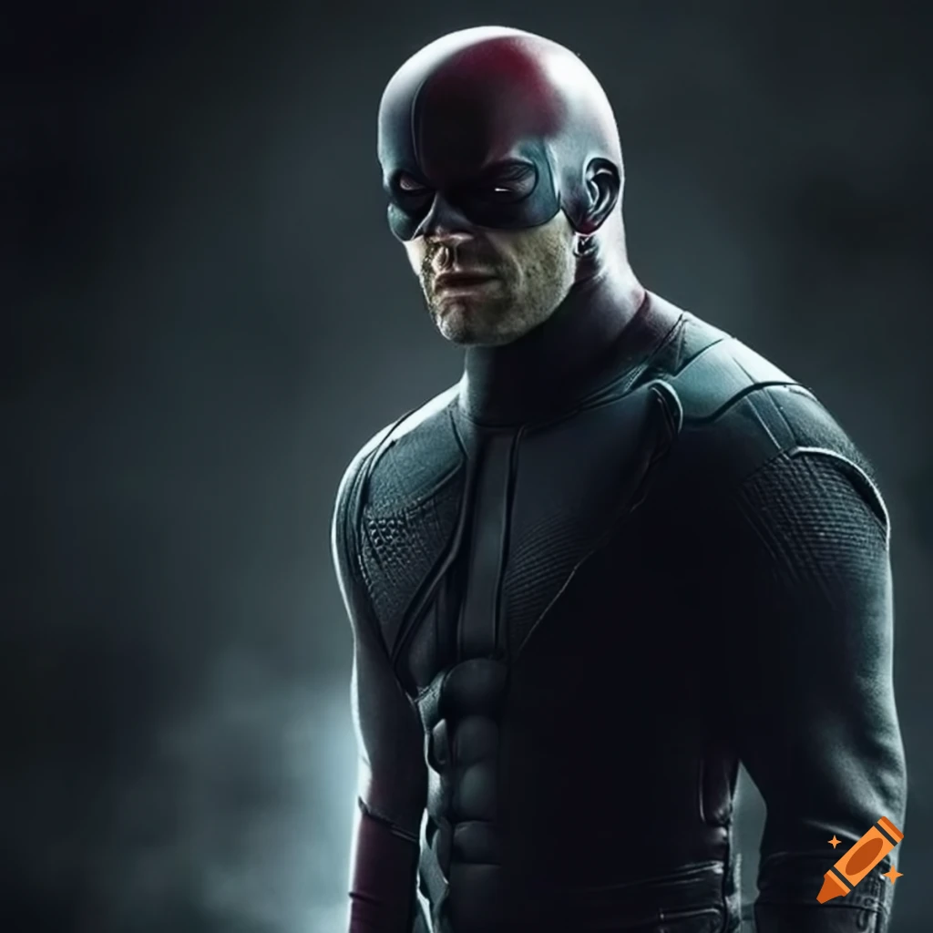 Actor jason statham as daredevil for a x-men movie. cinematic movie  photograph. exclusive still on Craiyon