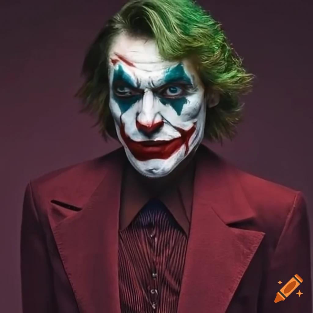 Jim carrey as a live action joker with a maroon colored shirt on Craiyon